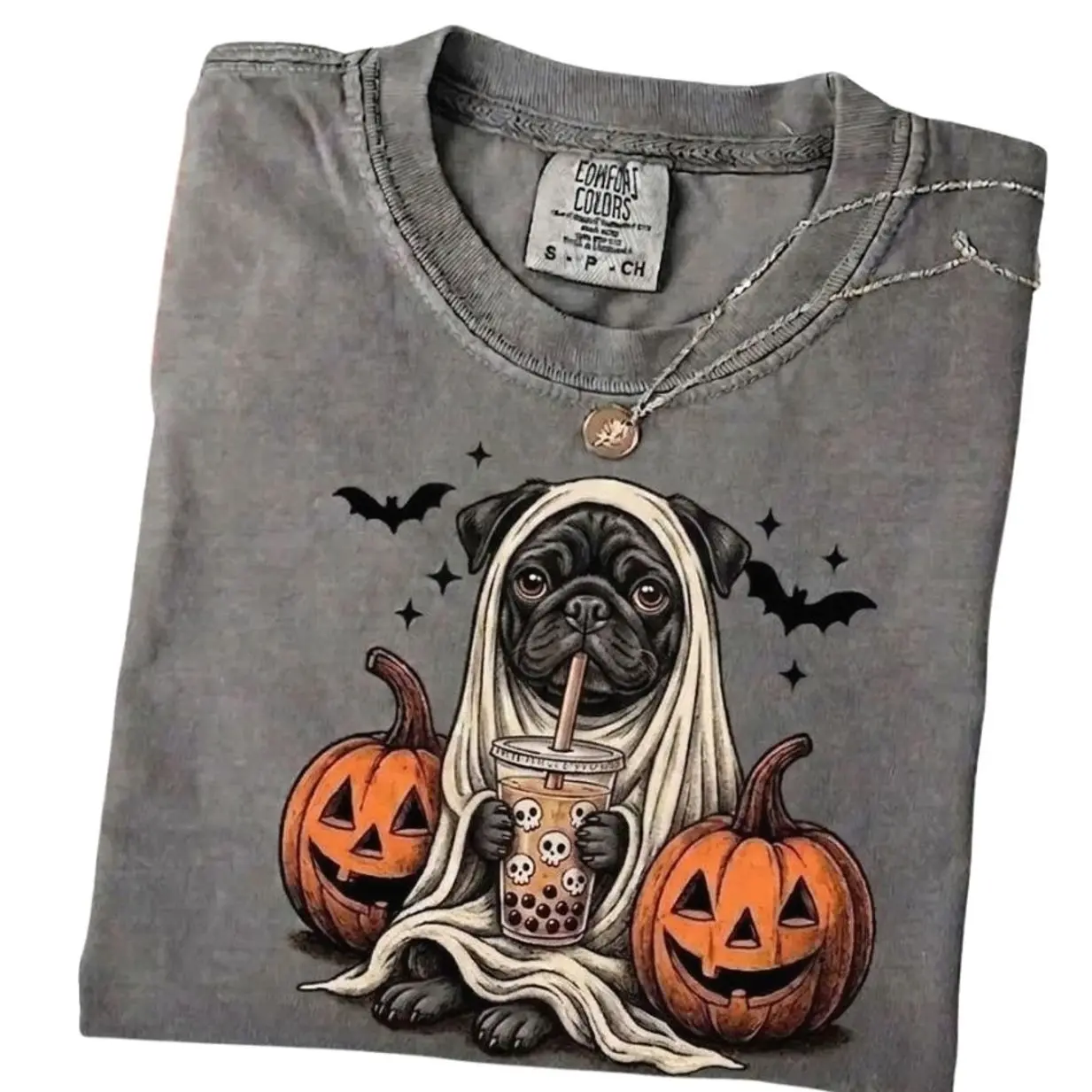 Comfort Colors Halloween Black Pug Graphic T-Shirt - Fall Aesthetic Spooky Dog Lover Tee, Trending Halloween Graphic Tee, Comfortable Menswear & Womenswear Top, Perfect Halloween Gift For Men And Women jul11