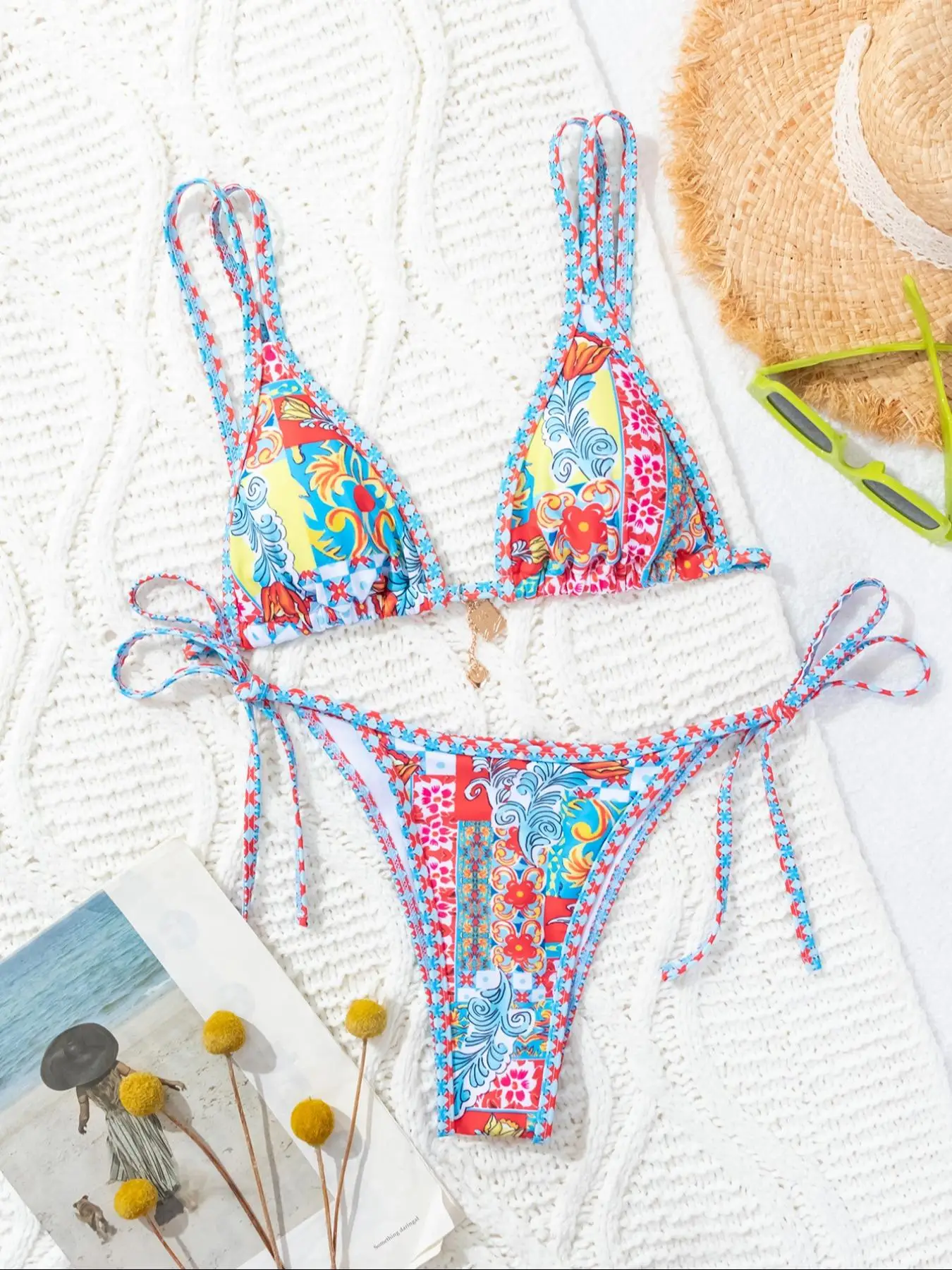 Women's Patchwork Floral Print Colorblock Bikini Set, Boho Tie Back Triangle Swim Bra & Tie Side Swim Thong, Summer Back To School Two-piece Swimsuit