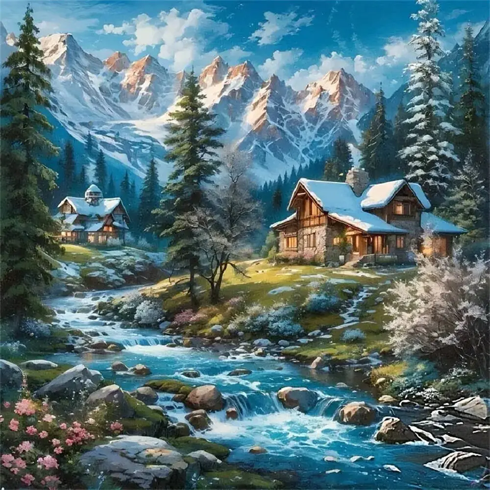 DIY Full Square Round Diamond Painting Needle Crafts Kit House Mountain Mosaic River Scenery Embroidery Picture Rhinestones Handicraft Diamond Pattern Design Diamond Art Mosaic