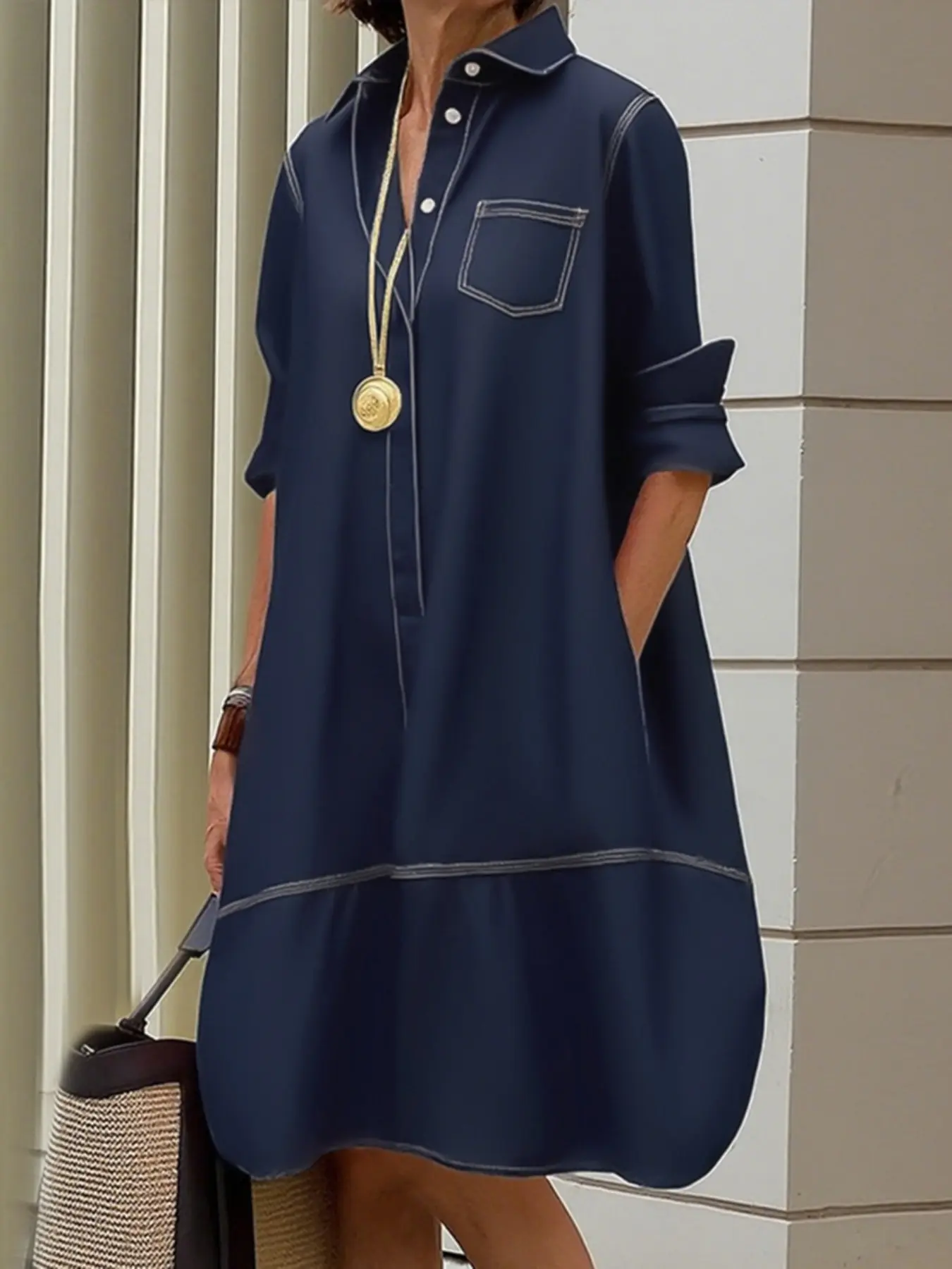 Long Sleeve Loose Fit Button Pocket Solid Color Stand Collar Mid-Length Dress, Casual Fashion for Women, Perfect for Daily Wear - TikTok Shop Long Sleeve Loose Fit Button Pocket Solid Color Stand Collar Mid-Length Dress, Casual Fashion for Women, Perfect for Daily Wear - TikTok Shop