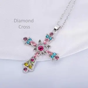 Bohemian Crystal Cross Pendant Necklace – Colorful Gemstone Choker for Women, Trendy Festival Jewelry & Layered Chain