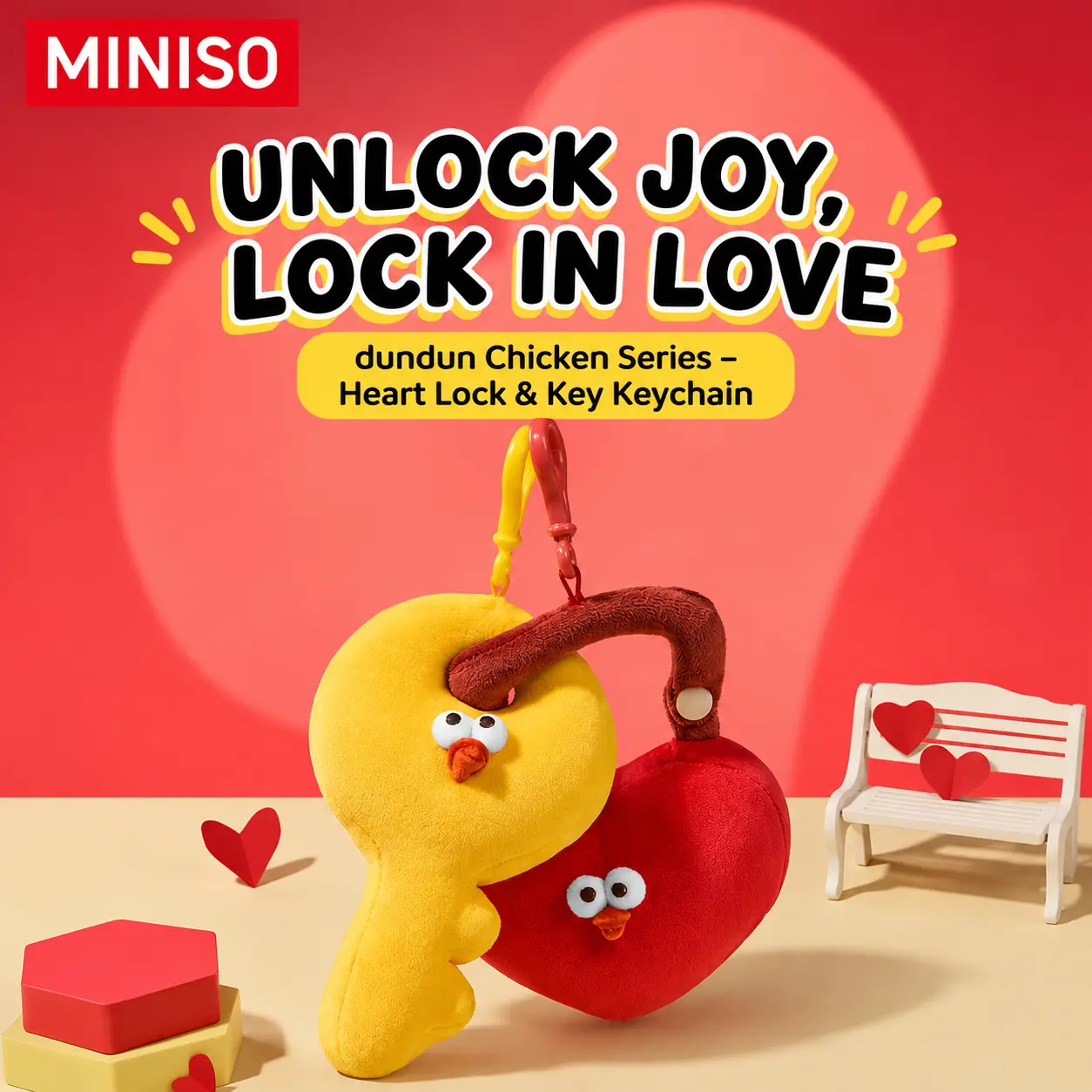 MINISO DunDun Chicken Series - Heart Lock DunDun Plush Pendant, Cute Bag Charm Keychain, Couple & Bestie Gift, Back To School
