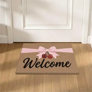 1PC-Butterfly Bow Decorative Door Mat Area Rug, Cashmere Material, Cozy Material, Filled and Thickened, Cute Cartoon Design, Girl-Cute Style, Cherry Color, Fun Pattern, Casual Style, Machine Washable, Suitable for Kitchen, Bathroom