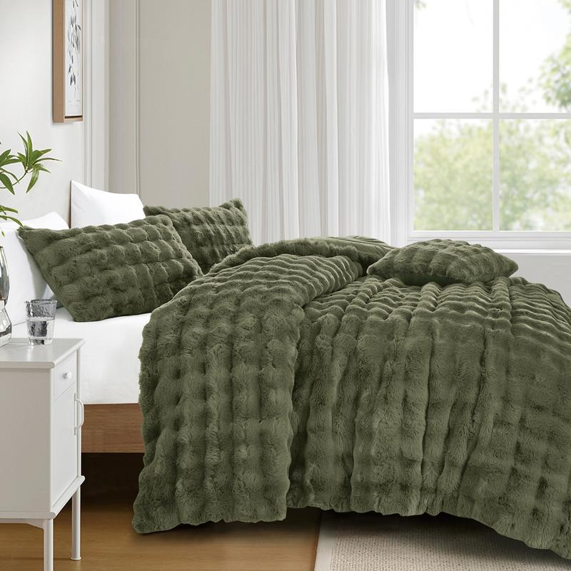 Luxury Thickened Faux Fur 4-Piece Comforter Set - Plush Bedding with Shams & Cushion, Multi-Color Options, Queen & King/Cal-King Sizes, Green