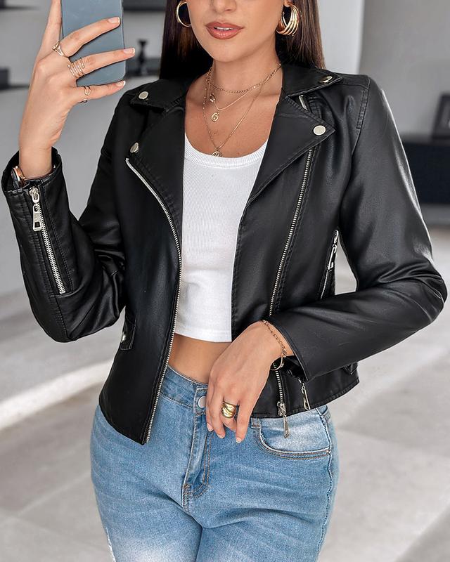 ChicMe Women's PU Leather Notched Collar Long Sleeve Zip Up Biker Jacket Casual Crop Coat