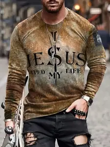 Men's Cartoon Print Long Sleeve T-Shirt, Casual Streetwear Fitted Round Neck Top, Breathable Polyester Fabric for Fall & Winter Outdoor Wear