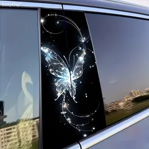 Glowing Blue Butterfly Car B Pillar Sticker, Waterproof Vinyl Decal, Sparkling Star & Swirl Graphic, Elegant Fairy Auto Window Trim Decor, Compatible with Most Cars Trucks SUVs, Personalized Magical Vehicle Exterior Accessories (Black & Blue)