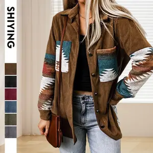 Shiying European and American Western Print Mid-Length Jacket for Women, Autumn New Corduroy Casual Cardigan Women's Coat