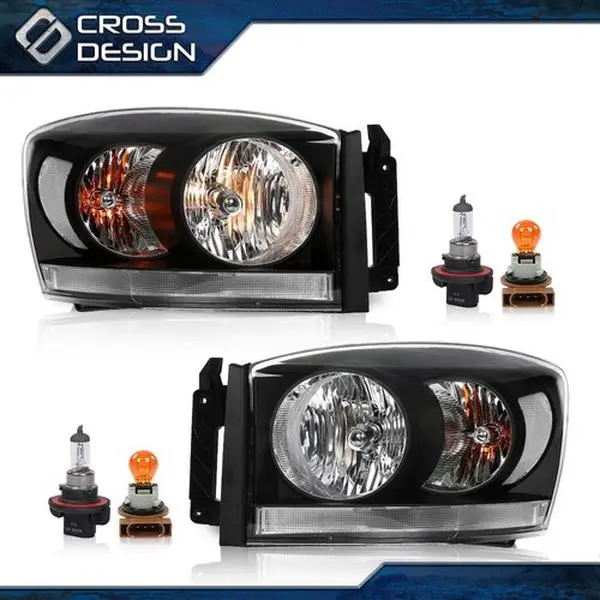 CROSSDESIGN Vehicle-Specific Fit Car Headlights with Black Bezel - Truck Accessories Set, Easy Install, PC/PP, Durable, Factory Direct, Compatible with 2006-2008 Dodge Ram 1500,2500,3500