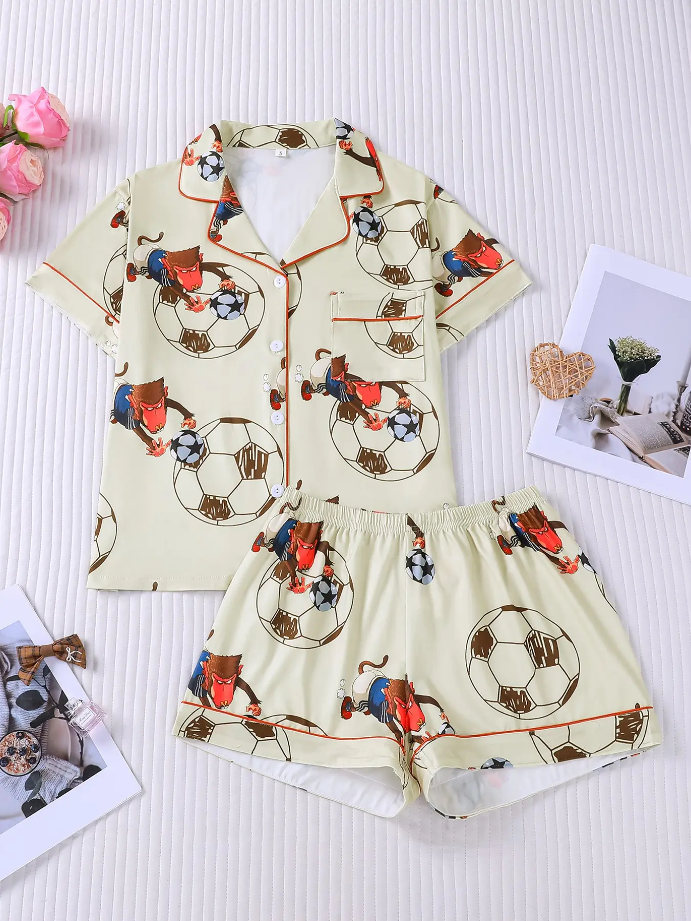 Funny Monkey Playing Soccer All-Over Print 2-Piece Pajama Set for Women, Whimsical Sporty Style Lapel Short Sleeve Top with Pocket & Elastic Waist Shorts, Soft Comfortable All-Season Casual Daily Loungewear Sleepwear
