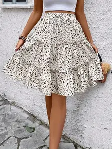 Floral Print Elastic Waist Apron Skirt Bottom, Spring Summer Vacation Layered Casual Dress, Comfortable and Stylish Women's Clothing
