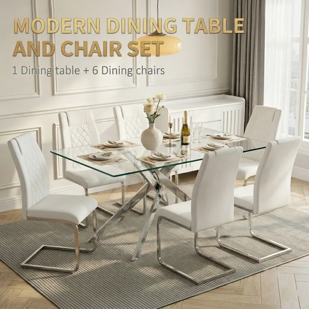 [2 Packages] 7-Piece Modern Dining Set, 51" Clear Tempered Glass Table & 6 High-Back PU Leather Chairs, Chrome Plated Legs for Kitchen Diner, Silver/White