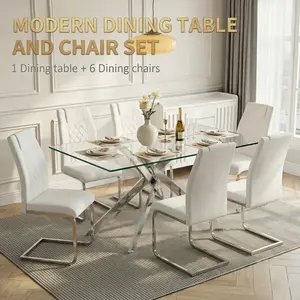 [2 Packages] 7-Piece Modern Dining Set, 51" Clear Tempered Glass Table & 6 High-Back PU Leather Chairs, Chrome Plated Legs for Kitchen Diner, Silver/White