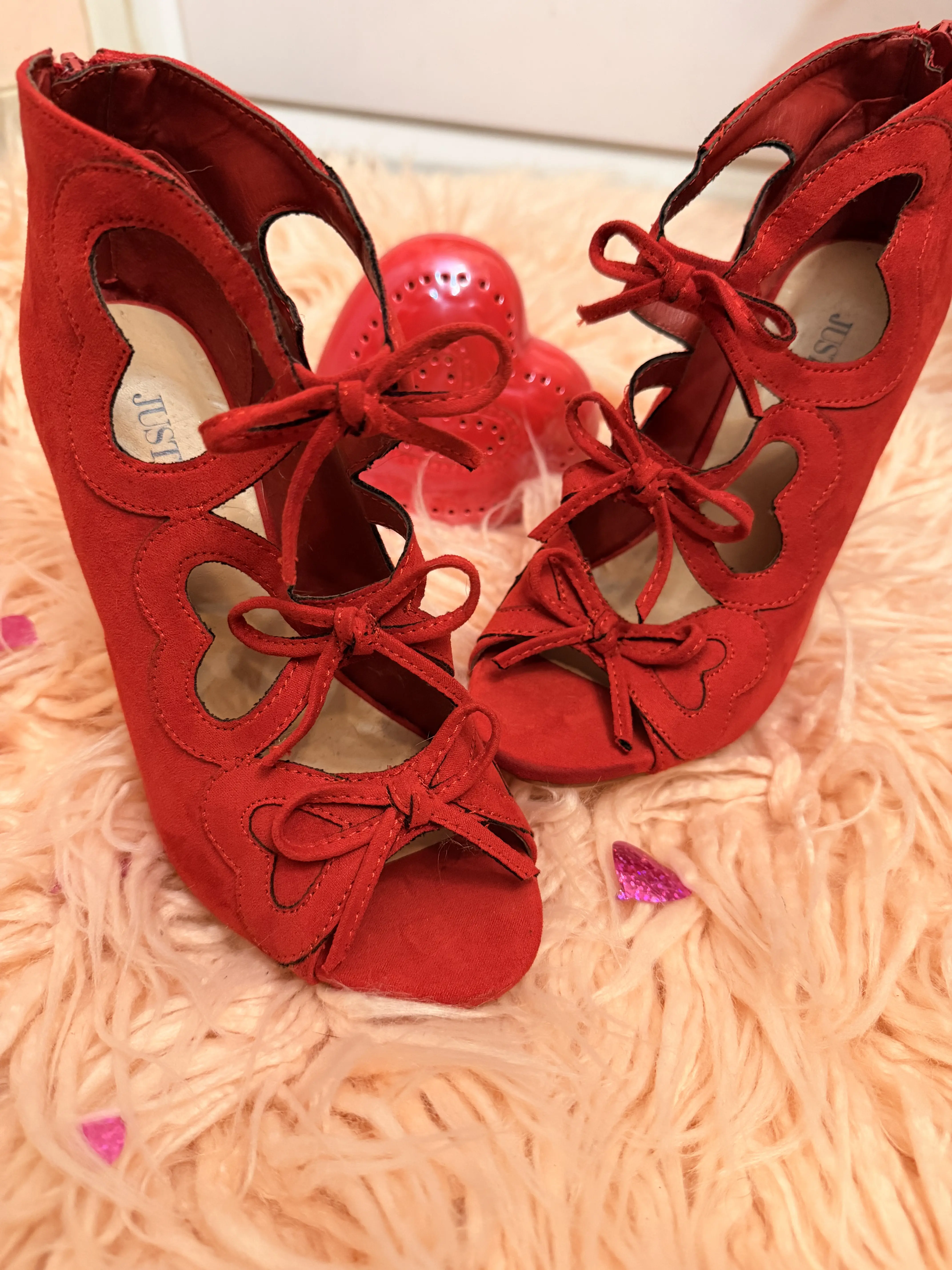 Just Fab Amoreena Red Peep Toe Heels Size 6.5 with Heart Accents Perfect for Date Night Valentine’s Day Bold Look