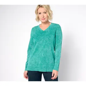 Denim & Co. Washed French Terry Long Sleeve V-Neck Pullover