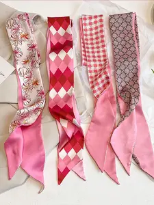 4pcs/Set Women's Pink Long Silk Scarf & Floral Pattern Headband, Versatile Daily & Vacation Accessory, Soft Headband, Sweatband, Suitable For School, University, Fashion Hair Band Holiday Essential Hair Accessories