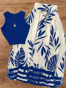 Spring Summer Fashion Elegant Casual Aesthetic, Women's Sleeveless Vest Top and Half-Length Leaf Print Skirt Set, Stylish and Comfortable Ladies' Ensemble Outfit