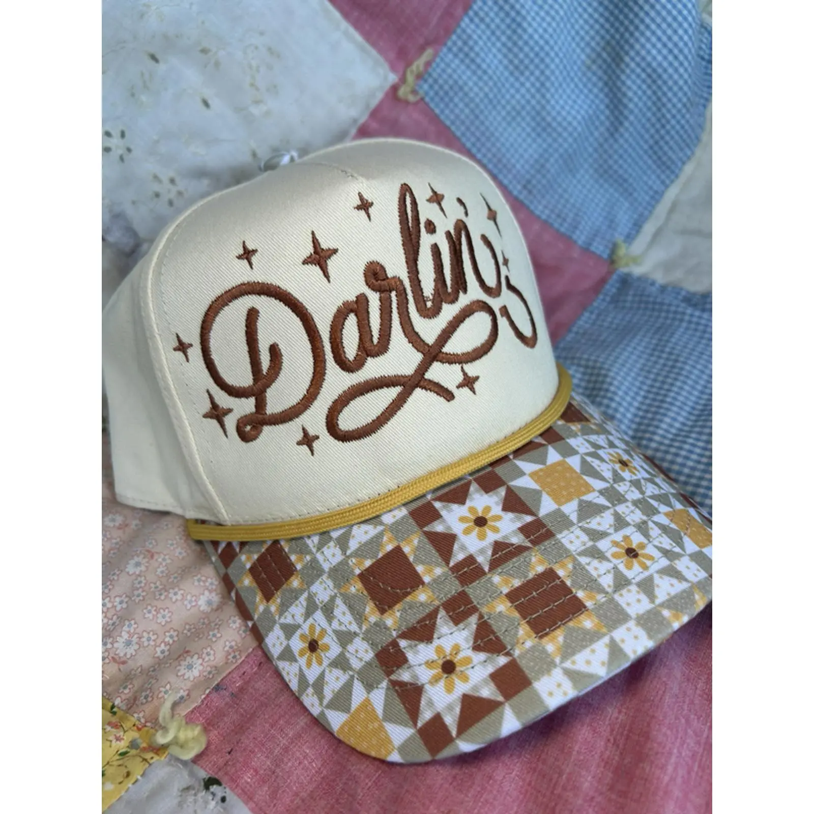 Darlin' Patchwork Hat - Brown & Pink Quilted Design, Adjustable Fit, Perfect for Casual Wear