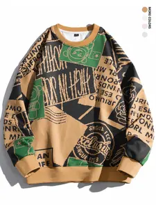 Men's Patchwork Letter Print Drop Shoulder Sweatshirt, Loose Casual Long Sleeve Round Neck Pullover for Fall & Winter, Men's Clothes for Daily Wear