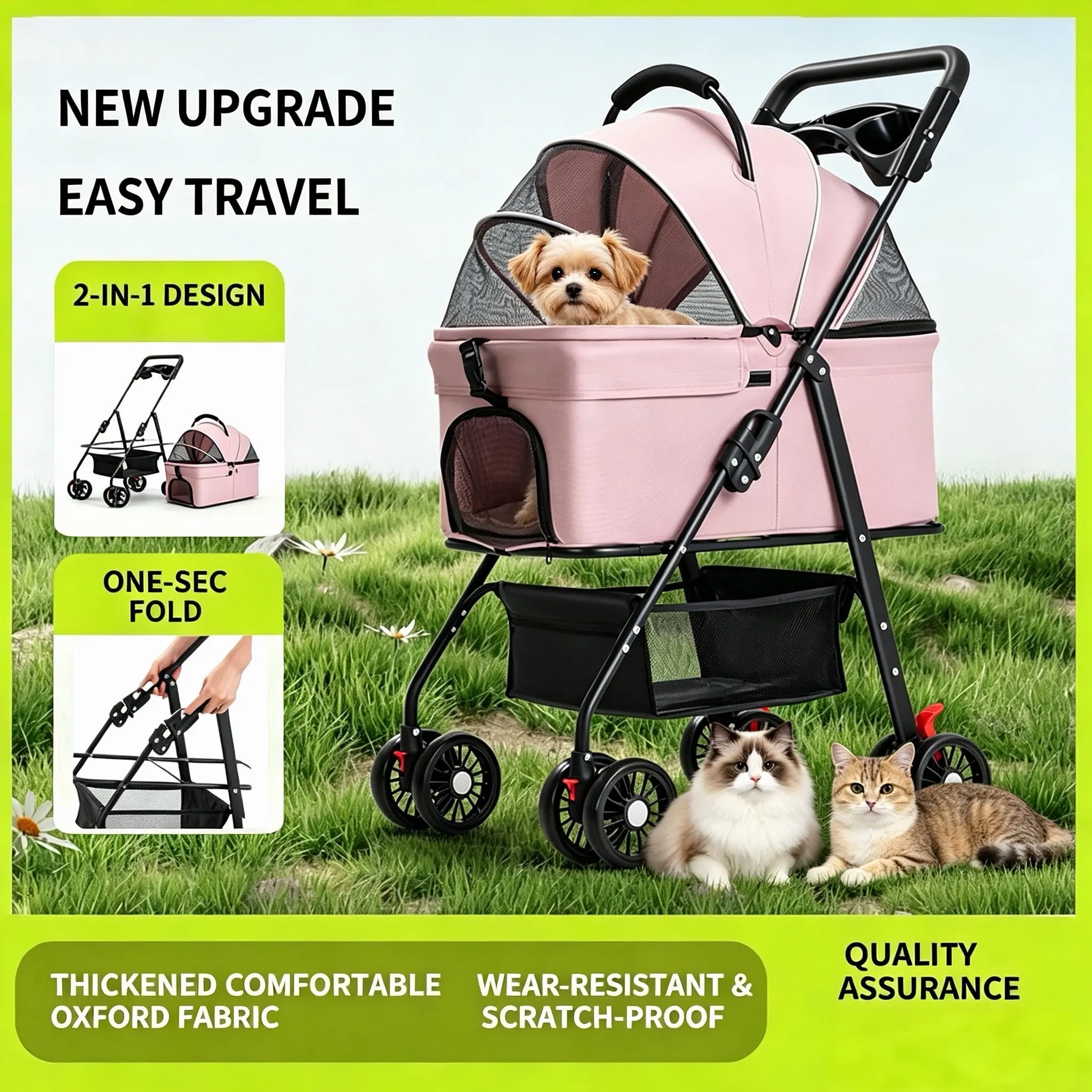 3-in-1 Pet Stroller, Car Seat & Carrier for Small Dogs/Cats, 4-Wheel Foldable Design, 44 lbs Max Load, Durable Oxford Fabric, Cup Holder, Large Storage Basket, Easy Installation, Pet Travel Accessory, daily walk