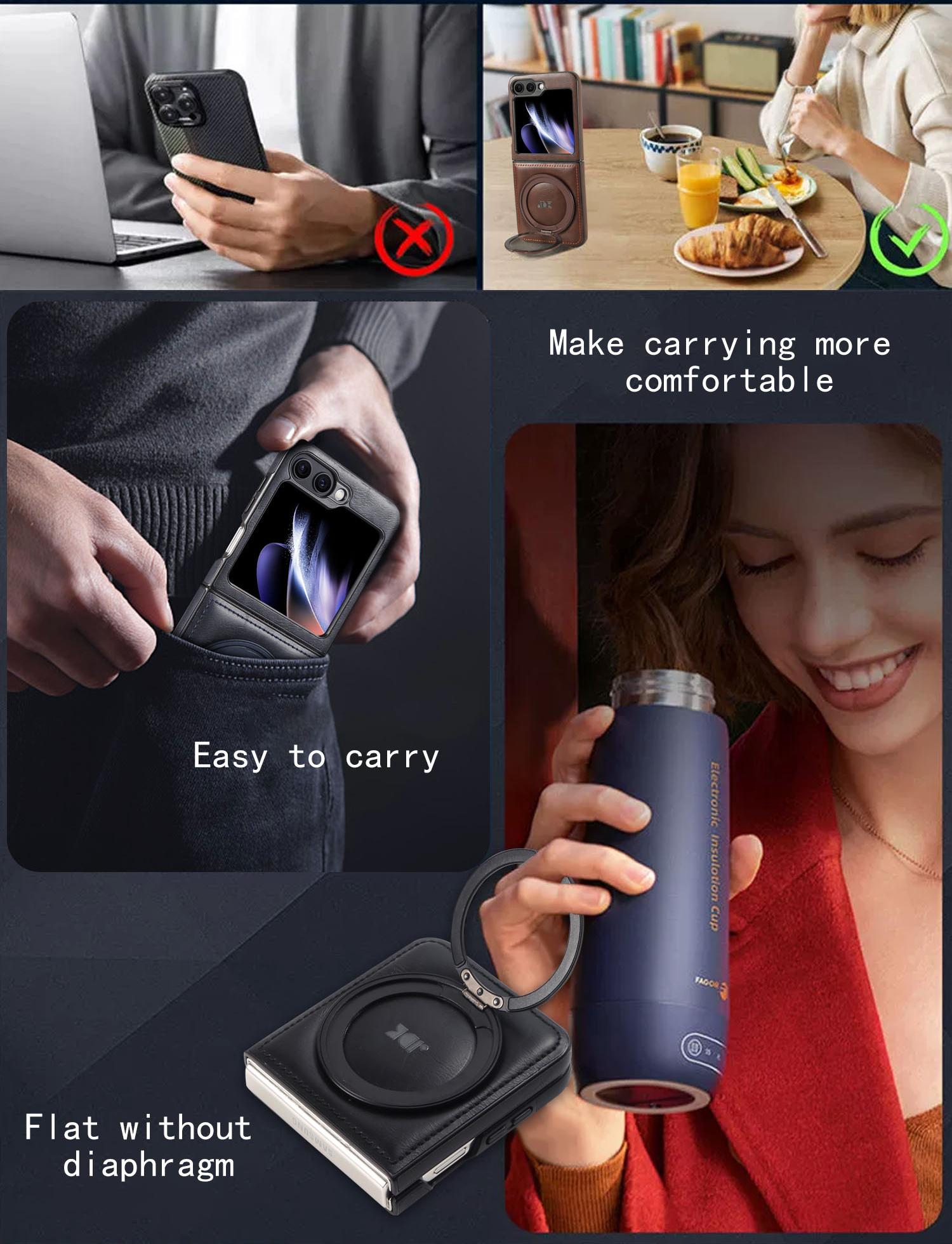 Metal 360° Rotating Stand Phone Case for Samsung ZFlip7/ZFlip6/ZFlip5/ZFlip4/ZFlip3 Foldable Screen Magnetic Skin-Friendly Leather Texture Business Full Shockproof Protective Cover