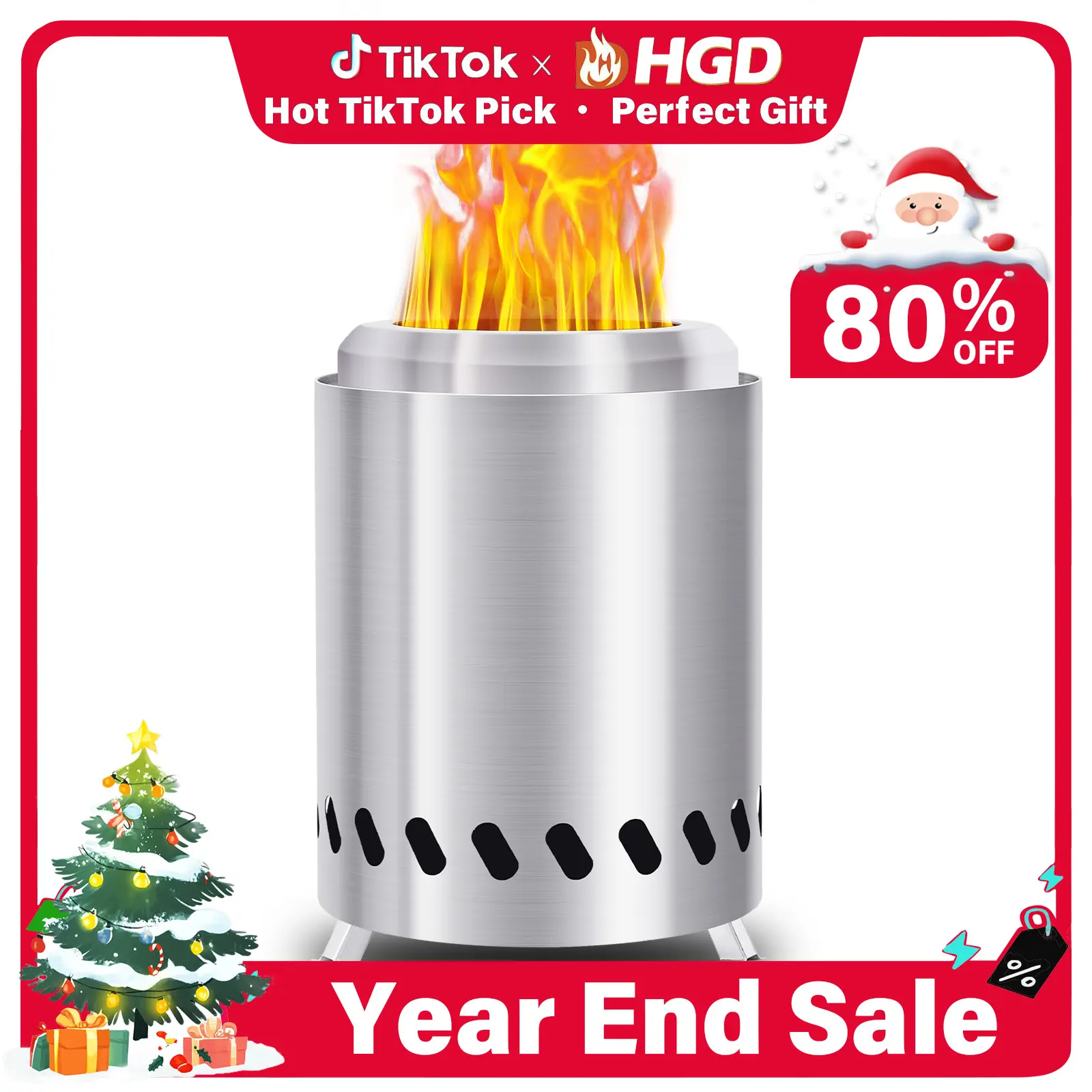 HGD Smokeless Fire Pit with Removable Ash Pan - Portable Outdoor Fire Pit - Stainless Steel - Wood Burning Lightweight Fireplace