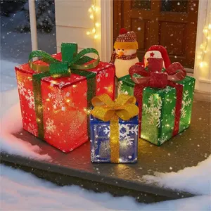 3-Pack Christmas Gift Box Lights – Transparent red design with fairy light strings for indoor decor. Features USB/battery dual power supply, 8 flashing modes with timer function. Perfect for Christmas trees, home decor, weddings & birthday parties