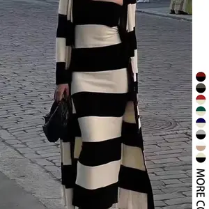 Women's Striped Print Button Front Longline Cardigan & Tube Dress Two-piece Set, Casual Long Sleeve Outerwear & Strapless Long Dress for Daily Wear, Casual Chic Dress, Ladies Two-piece Outfits for All Seasons