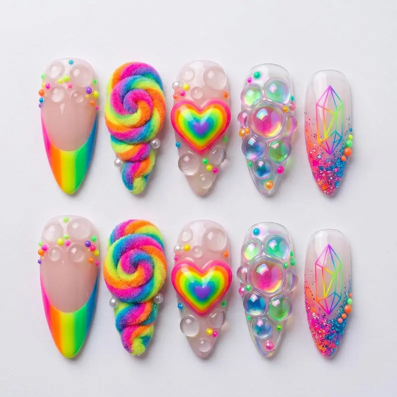 Rainbow Candy 3D Press On Nails | Neon Heart Bubble Crystal Nail Art | Colorful Swirl Kawaii Long Stiletto Nails | Y2K Festival Handmade Nail Set