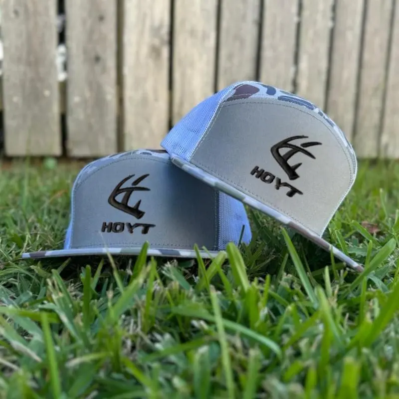 Hoyt Archery Bottomland Camo, Black, White, Khahi/ Brown 7-Panel Trucker Hats, Old School Trucker Cap, Unisex