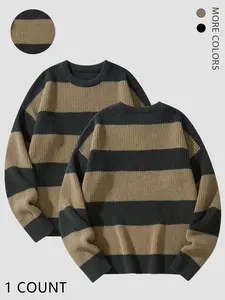 Men's Colorblock Striped Print Drop Shoulder Sweater, Loose Casual Long Sleeve Round Neck Jumper for Fall & Winter, Fashion Men's Knitwear for Daily Wear, Knit Pullover Top