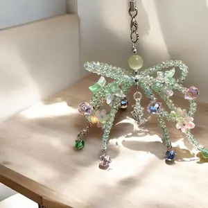 Cute Bowknot - Handmade Beaded Keychain/Phone Charm/Bag Decor – Green Spring Bow with Butterfly & Flower Beads – Cute Cottagecore Accessory