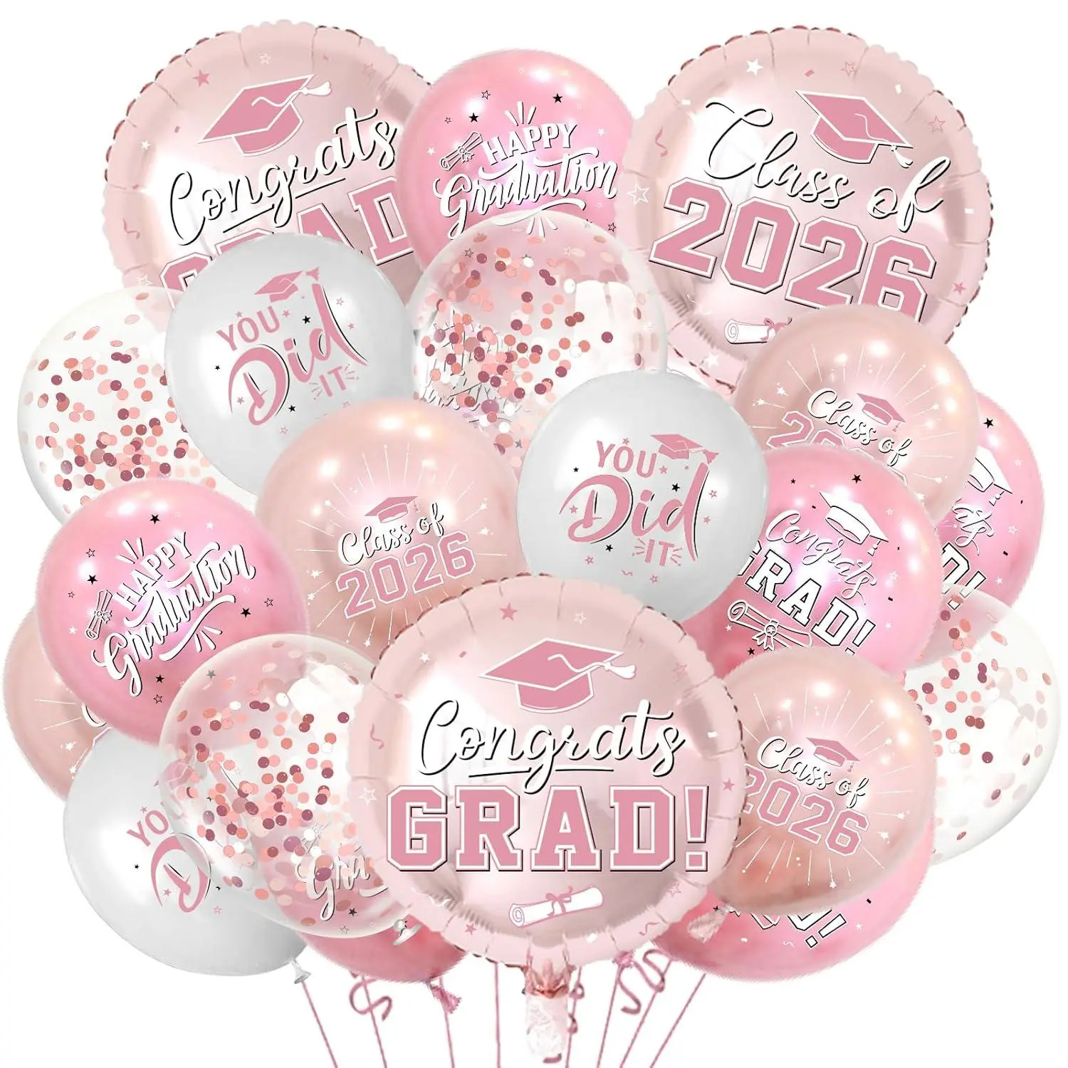Pink And Rose Gold Graduation Balloons Graduation Decorations 2026, 51Pcs Grad Latex Balloons And Grad Foil Balloon With Confetti Ribbons Grad Party Decorations For College High School