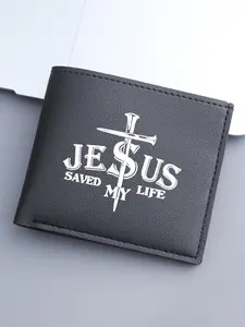 Men's PU Wallet with JESUS Print, Short Style Casual Foldable Wallet, Credit Card Holder, Fashionable & Practical Accessory, Kids' Friendly, Perfect Gift