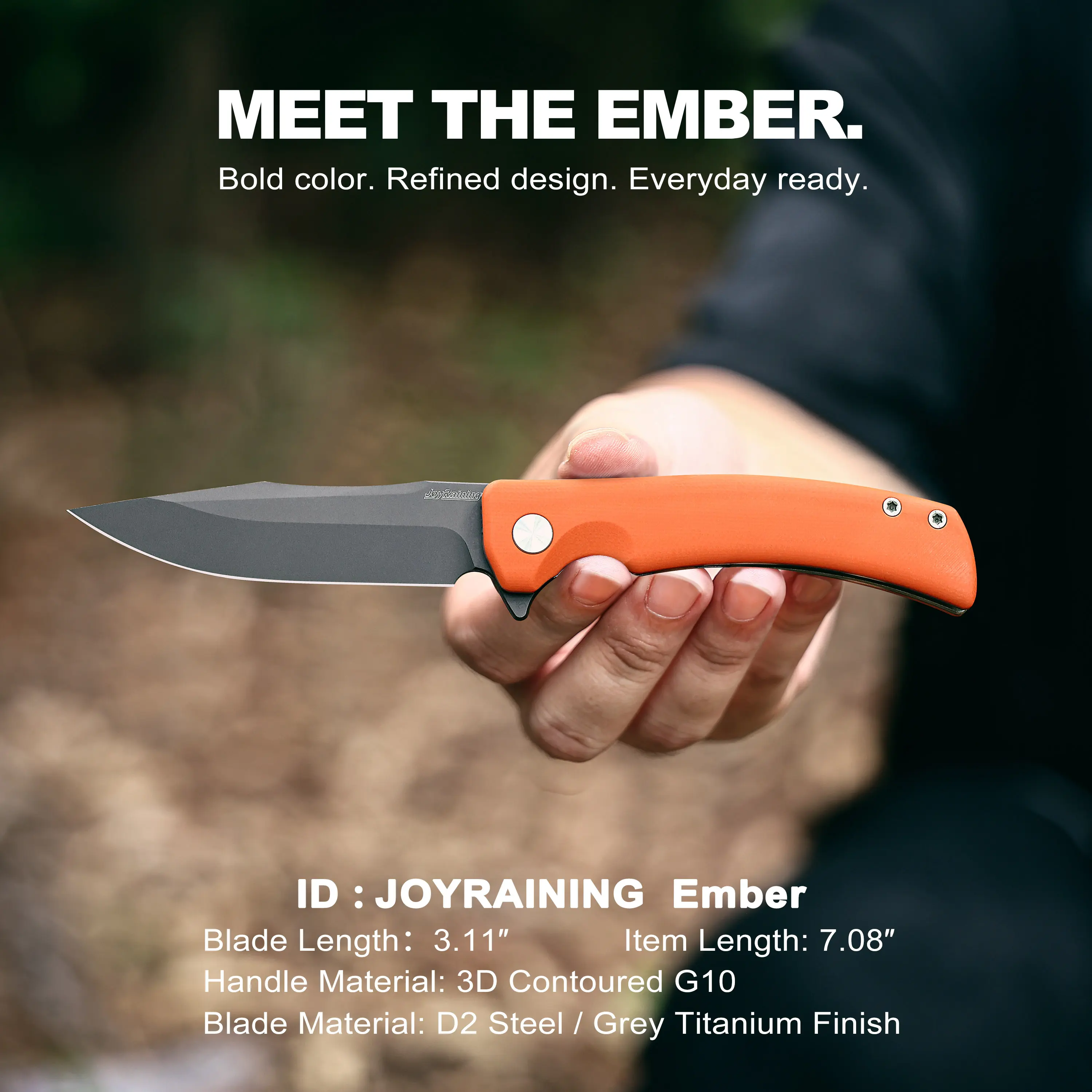 Joyraining Ember Folding Pocket Knife, D2 Steel Grey Titanium Blade, Orange 3D Contoured G10 Handle, Liner Lock EDC Knife, Outdoor Inspired Everyday Carry Folding Knife