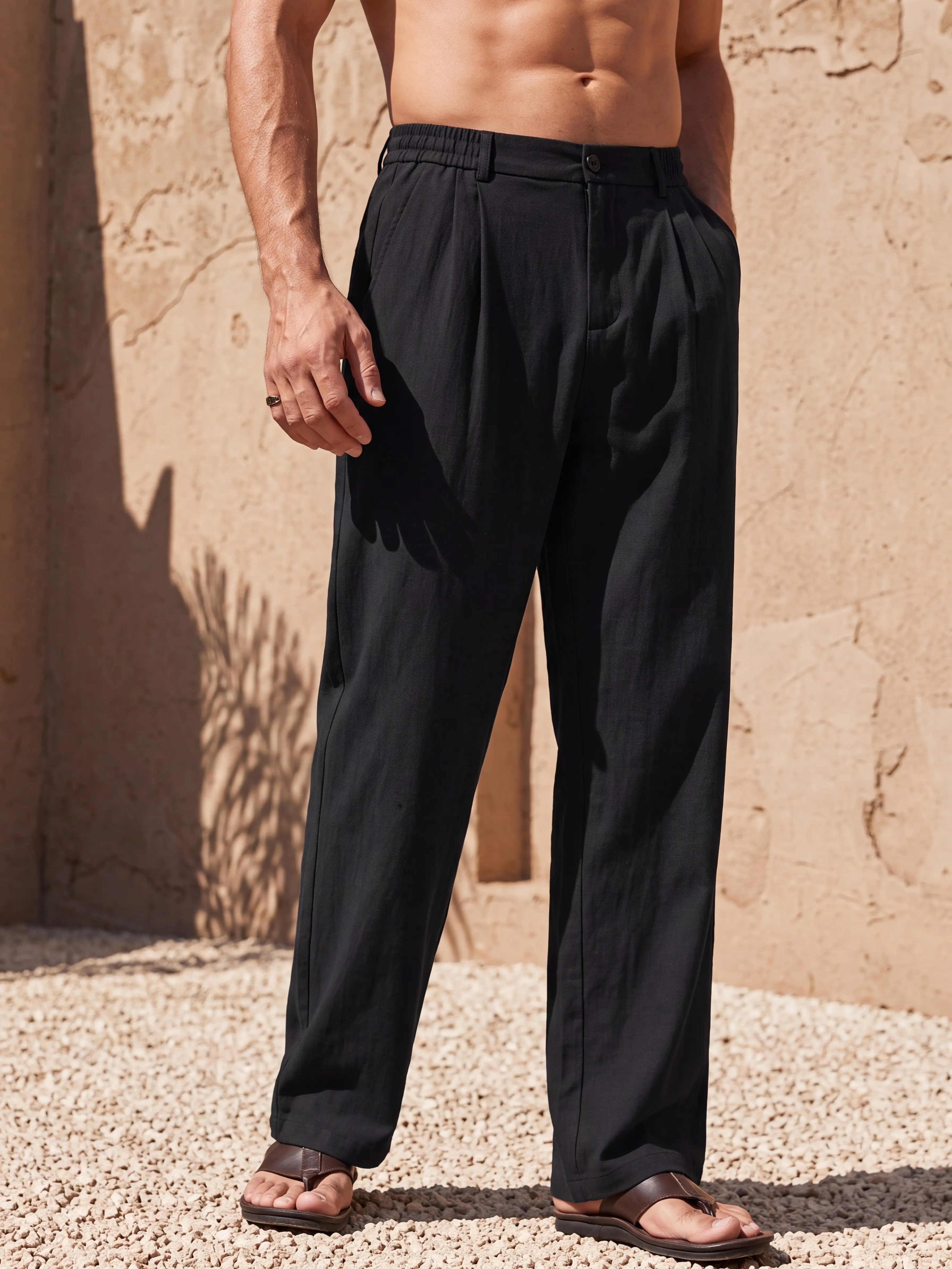 Men's Plain Linen Blend Pants, Simple Pleated Straight-Cut Trousers with Elastic Waistband for Summer and Everyday Wear, Menswear, Tee, Elastic Band, Breathable, Casual, Clothes, Ankle Length Men's Pants