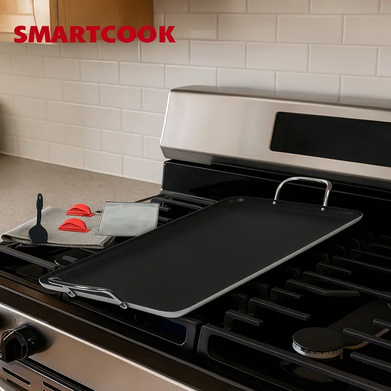 SmartCook Double Burner Griddle/Grill Pan 17" Non-Stick with 5-Pc Griddle Set Cookware Silicone Bake Black mexican kitchen cookware