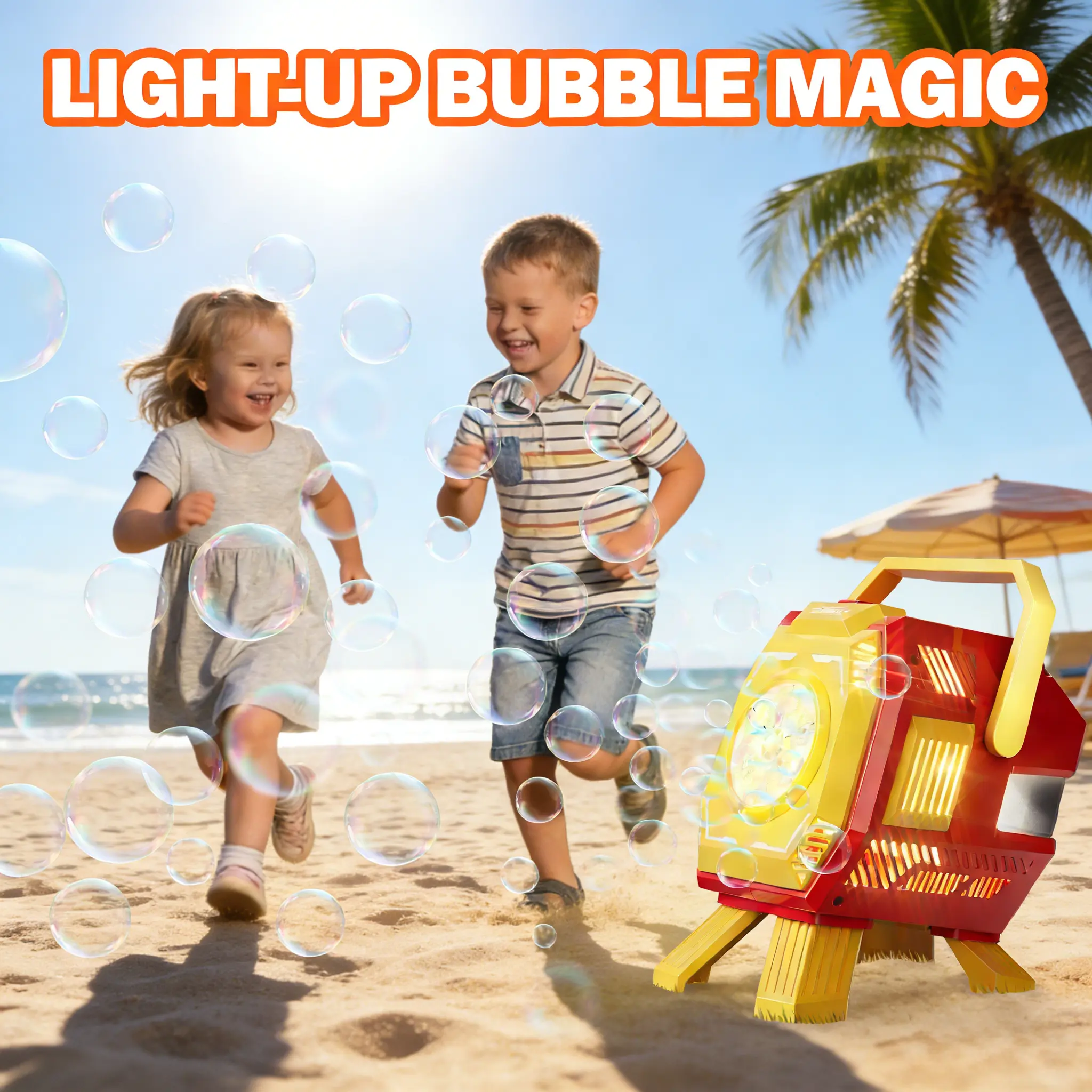 Upgraded desktop bubble machine auto rotate RGB lights large bubble output for kids 3+ for party & outdoor use box with 500ML bubble solution mix with 500ml water needs 4 AA batteries