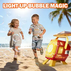 Upgraded desktop bubble machine auto rotate RGB lights large bubble output for kids 3+ for party & outdoor use box with 500ML bubble solution mix with 500ml water needs 4 AA batteries