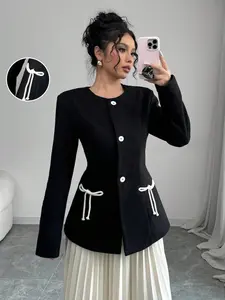 Elegant Contrast Bowknot Fitted Jacket Coats for Women, Casual French Style Outerwear, Fall Winter Fashion