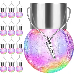 12Pack Outdoor Hanging Solar Lights - Cracked Glass Solar Lights Waterproof LED Decorative Ball Lights Tree Solar Powered Globe Lights with Hook for Garden Yard Fence Christmas Decoration