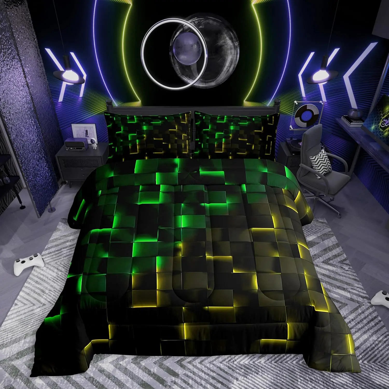 Black Green Yellow Bedding Set,3D Geometric Plaid Comforter Set,Neon Gradient Comforter,Abstract Gaming Bedroom Room Decor,2 Pillowcases