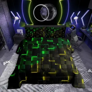 Black Green Yellow Bedding Set,3D Geometric Plaid Comforter Set,Neon Gradient Comforter,Abstract Gaming Bedroom Room Decor,2 Pillowcases