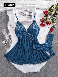 Loungewear set Women's Sexy Underwear Lingerie Set, Womenswear Fitted Mesh Robe with Straps, Ideal for Home & Hotel, Perfect Valentine's Gift, Elegant Sheer Print Design, Style, Lightweight, Ribbon