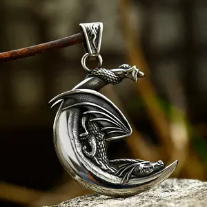 GTHIC Vintage Sleeping Dragon Moon Stainless Steel Pendant for Men Women Statement Jewelry Fashion Accessory