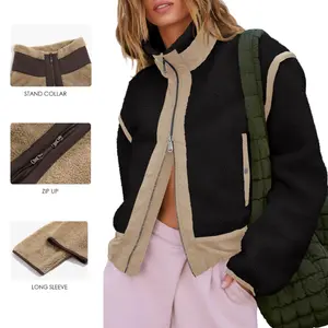 FMEYOA Womens Cropped Zip Up Fleece Jacket Stand Collar Fuzzy Sherpa Coat Winter Color Block Teddy Outerwear