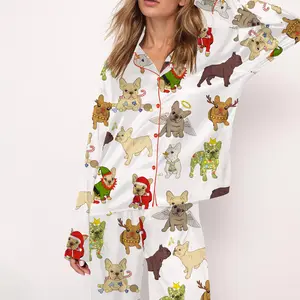 Christmas French Bulldog Satin Pajama Set For Women Print Comfy Satin Sleepwear & Loungewear Pjs Printing Silky Top & Bottoms - SHESHOW