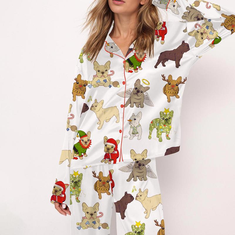 Christmas French Bulldog Satin Pajama Set For Women Print Comfy Satin Sleepwear & Loungewear Pjs Printing Silky Top & Bottoms - SHESHOW
