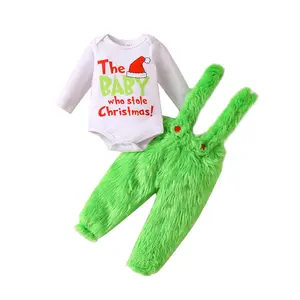 Newborn Infant Baby Girl Boy Christmas Outfits Letter Romper Jumpsuit Dress Green Furry Suspender Skirt Pants Overalls