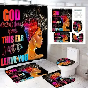 4pcs Faith-Based African American Bathroom Decor Set - Inspirational Shower Curtain with Gradient Text "GOD didn't bring you THIS FAR just to LEAVE YOU" Featuring Elegant Black Woman Illustration & Matching Floor Mats for Modern Home Decor